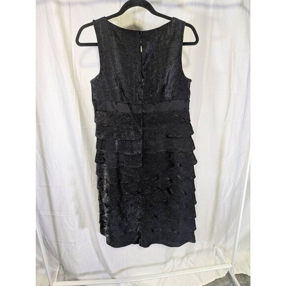 Adrianna Papell Black Tiered Sheath Dress Ruffle Shutter Pleat Satin Women's 10 - Picture 2 of 6